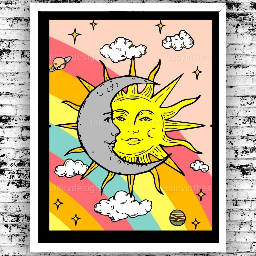 Retro Pink Sun Moon Stars Celestial Art Print 8.5x11